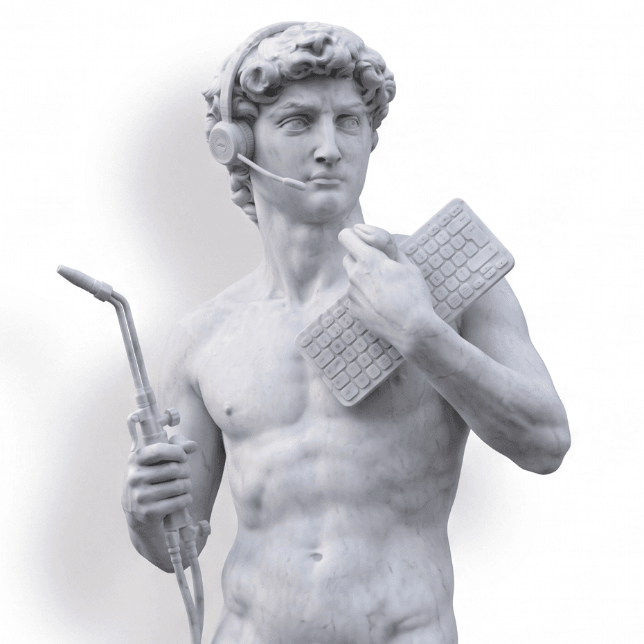 Estatua de David con auriculares y teclado